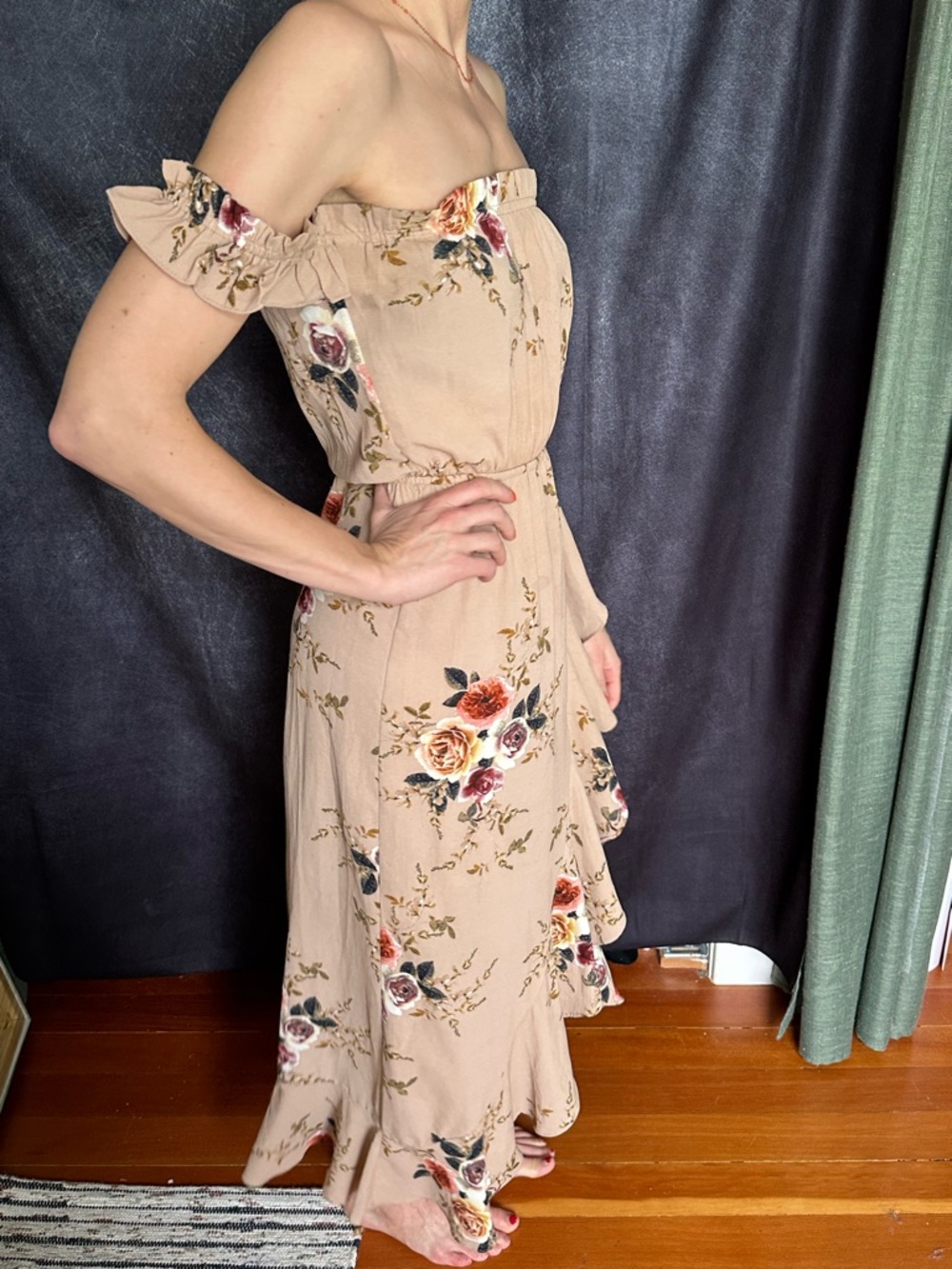 MIA Beige Floral Off-Shoulder Maxi Dress with Ruffle Hem